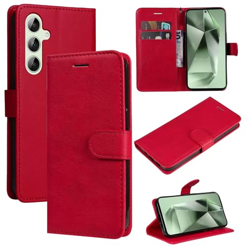 Schutzhülle für Samsung S24 FE mit Magnetschutz, PU-Leder, Brieftasche, Sam S24 FE, [2 Kartenfächer], [Ständer] [RFID-Blockierung] mit TPU-Innenschale, Rundumschutzhülle für S24FE, Rot von seaoppn