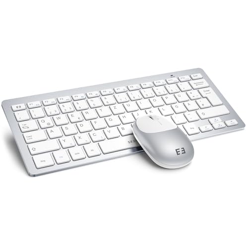 seenda Funktastatur mit Maus, Kleine Tastatur Maus Set kabellos mit USB Empfänger für PC/Laptop/Desktop/TV, Ultradünne 70% Tastatur mit QWERTZ Layout, Weiß & Silber von seenda