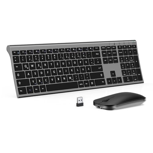 Kabelloses Tastatur Maus Set, seenda 2.4G Slim Wireless Tastatur und Maus Aufladbar, Deutsch QWERTZ Funktastatur Dünn für Windows/PC, Computer, Laptop, Smart-TV, Grau und Schwarz von seenda