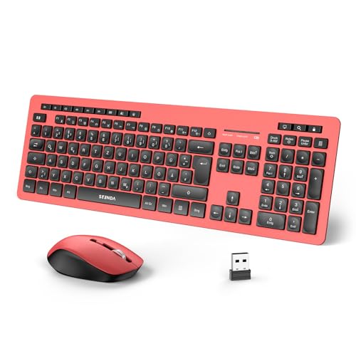 Tastatur Maus Set Kabellos, Volle Größe Ruhig 2.4G Funkmaus und Tastatur mit USB Empfänger,QWERTZ-Layout,14 Multimedia Shortcuts für Windows Laptop PC Desktop - Schwarz Rot von seenda