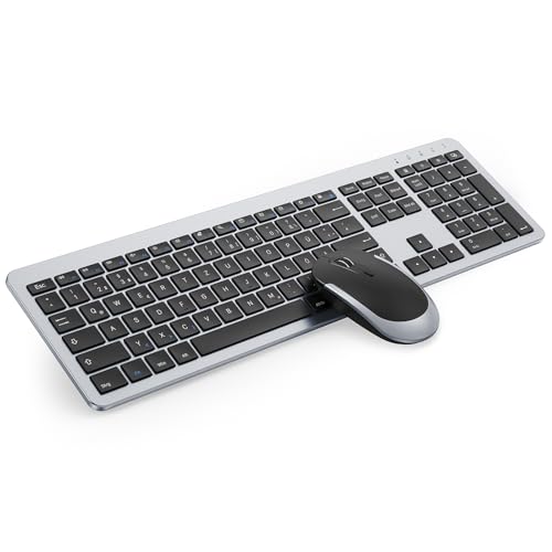 Tastatur Maus Set Kabellos, seenda Ultra-Dünne Wiederaufladbare Funk Tastatur Maus Set, Ergonomische Tastatur Kabellos mit Silikon Staubschutz für PC/Laptop/Smart TV, DE QWERTZ Layout, Schwarz&Silber von seenda