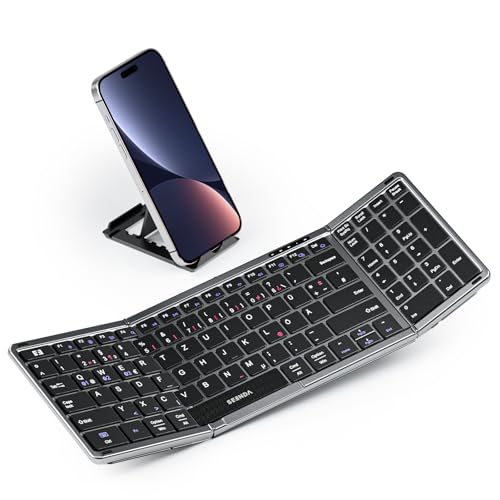 seenda Faltbare Bluetooth Tastatur mit Nummernblock und Handyhalterung, Aufladbare Kabellose Klappbare Tastatur mit 3 Kanäle für Windows iOS Android Mac Smartphone Tablet Laptop PC - Schwarz, QWERTZ von seenda