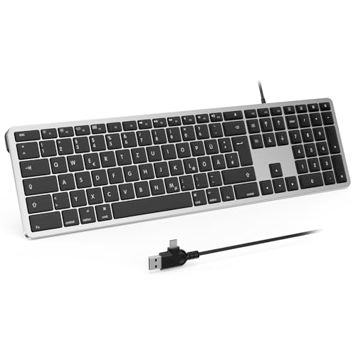 seenda Kabelgebundene Mac Tastatur, Mac Tastatur mit Kabel und Type C/USB Anschluss, Deutsch QWERTZ iMac Keyboard Kabel Nur für Mac OS/IOS, Schwarz und Silber von seenda