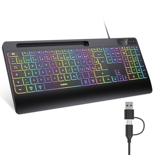 seenda Kabelgebundene Tastatur beleuchtet, ergonomische Tastatur mit Handyhalter und Handballenauflage für PC/Tablet/Smarthandy/Windows/Mac, USB & Typ C Kabel, leise Klicken - QWERTZ Layout, Schwarz seenda Kabelgebundene Tastatur beleuchtet, ergonomische Tastatur mit Handyhalter und Handballenauflage für PC/Tablet/Smarthandy/Windows/Mac, USB & Typ C Kabel, leise Klicken - QWERTZ Layout, Schwarz von seenda