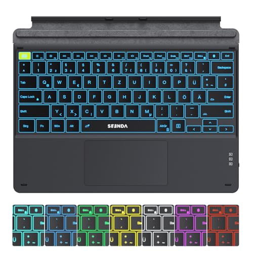 seenda Kabellose Tastatur für Surface pro 9, Beleuchtete Bluetooth Tastatur mit Touchpad für Surface Pro 8/Pro 9/Pro X, 7 farbige Hintergrund-Beleuchtung und 750mAh Akku, QWERTZ Layout, Schwarz/Grau von seenda