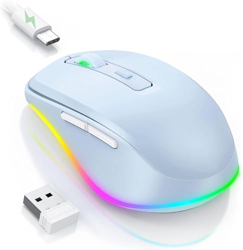 Seenda Kabellose LED Maus, Wiederaufladbar Mit Jiggler, Leise 2.4G USB Funkmaus für Laptop, Computer - Beleuchtet DPI 2000 für PC, Windows, MAC OS (Hellblau) von seenda