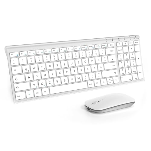 seenda Tastatur Maus Set Kabellos, Wiederaufladbare Aluminium Tastatur mit kompaktes Design, Ultradünne und Leise Funktastatur mit Maus für PC/Laptop/Smart TV, 1200 DPI, QWERTZ Layout, Weiß & Silber von seenda