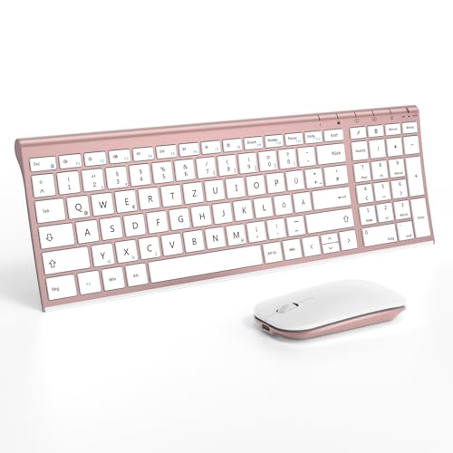 seenda Tastatur Maus Set Kabellos, Wiederaufladbare Aluminium Tastatur mit kompaktes Design, Ultradünne und Leise Funktastatur mit Maus für PC/Laptop/Smart TV, 1200 DPI, QWERTZ Layout, Weiß&Rosagold seenda Tastatur Maus Set Kabellos, Wiederaufladbare Aluminium Tastatur mit kompaktes Design, Ultradünne und Leise Funktastatur mit Maus für PC/Laptop/Smart TV, 1200 DPI, QWERTZ Layout, Weiß&Rosagold von seenda