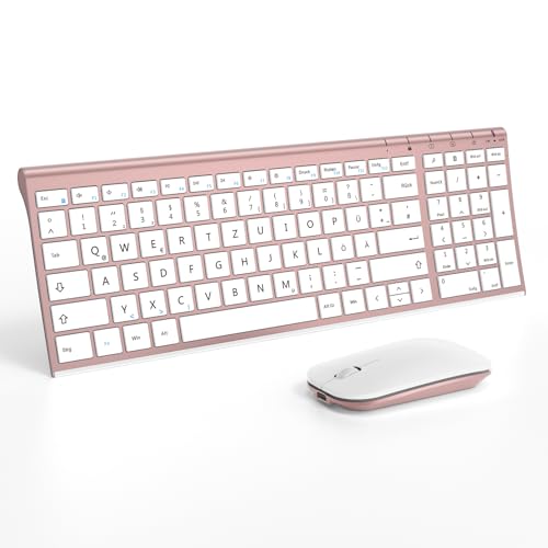 seenda Tastatur Maus Set Kabellos, Wiederaufladbare Aluminium Tastatur mit kompaktes Design, Ultradünne und Leise Funktastatur mit Maus für PC/Laptop/Smart TV, 1200 DPI, QWERTZ Layout, Weiß&Rosagold von seenda