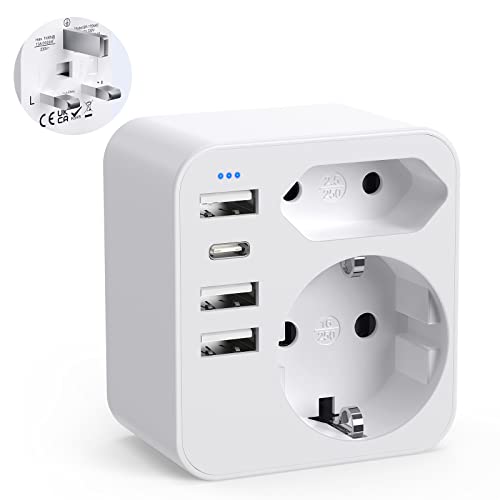 6-in-1 Reiseadapter, Adapter England Deutschland Stecker mit 3 USB Ports +1 USB C+2 AC Steckdose Steckdosenadapter Typ G für England Irland UK,Dubai,Malediven von septseven