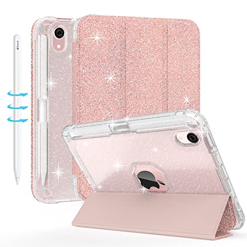 Sevrok iPad Mini 7 A17 Pro 2024/iPad Mini 6 2021 8,3 Zoll – Klar Smart Slim Fit Glitzer Sparkly mit Apple Pencil Pairing & Ladehalterung Folio Stand Glänzende Lederhülle (Roségold) von sevrok