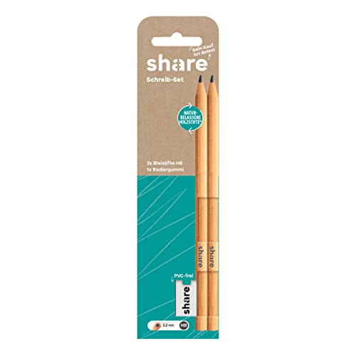 share Bleistifte HB + Radiergummi 3er Set – Bleistifte Set spendet eine Unterrichtsstunde für ein Schulkind – naturbelassene Bleistifte mit Radiergummi in Recycling-Verpackung, 1 Stück (3er Pack) von share