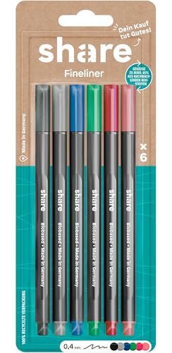 share Fineliner 6er Set – Fineliner Set spendet eine Unterrichtsstunde für ein Schulkind – Eco-Faserstifte mit Tinte auf Wasserbasis – Made in Germany von share