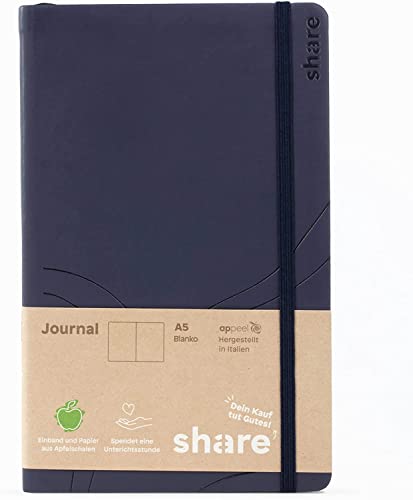 share Journal A5 blanko – Notizheft spendet eine Unterrichtsstunde für ein Schulkind – Upcycling Notizbuch aus Apfelschalen – anthrazit/dunkelblau von share