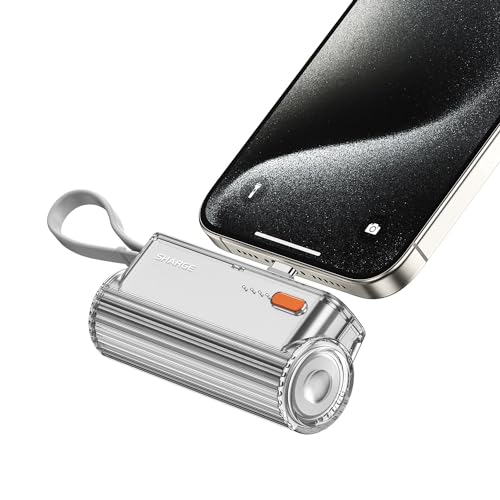 SHARGE Flow Mini Powerbank 5000mAh Ultrakompaktes, Tragbares Ladegerät mit Wechselbare Stecker, Integriertem USB-C-Kabel kompatibel Power Bank mit iPhone16/15/14 Mini Pro Max von sharge