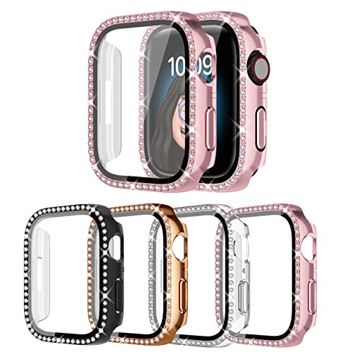 4 Stück Bling Hülle für Apple Watch SE 2/SE/6/5/4 44 mm, Glitzer Strass Diamanten Schutzhülle mit gehärtetem Glas Displayschutzfolie Ersatzabdeckung für iWatch 2022 (2nd Gen) SE/6/5/4 44 mm Frauen von shenou