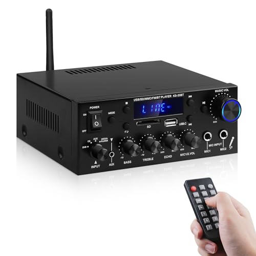 Audio-Verstärker für Zuhause, KS-33BT 2-Kanal Bluetooth5.0 HiFi-Verstärker, RMS 60W X 2 Max 400W X 2 Stereo-Verstärker Empfänger W/Echo, USB/SD/AUX/BT.C/FM Mikrofon für Heimkino, Auto, Party, Karaoke von sikkeby