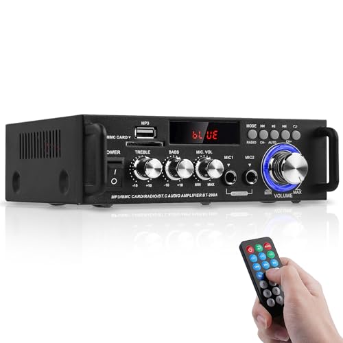 HiFi Verstärker BT-298A Bluetooth 5.0 Mini Verstärker Stereo Audio Leistungsverstärker 2.0-Kanal RMS 40Wx2 PMPO 300W mit USB SD Slot, FM und Mikrofon Eingang für Heimlautsprecher von sikkeby