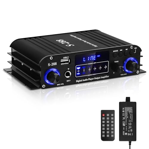 HiFi Verstärker S-288 600W Mini Bluetooth Stereo Audio Verstärker Receiver 12V/ 220V 4 Kanäle Digital Endverstärker w/LCD-Display, UKW-Radio, BT, USB-Eingang, für Zuhause oder Auto von sikkeby