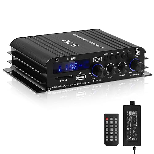 S-299 4.1-Kanal HiFi Verstärker, RMS 40Wx4+50W Bluetooth Mini Audio Verstärker Max. 800W Leistung Passiver Subwoofer Verstärker DC 12V/5A für Heimlautsprecher mit USB SD Slot, AUX von sikkeby