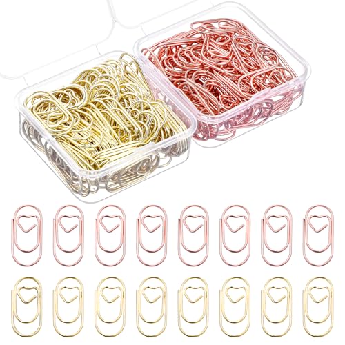 simarro 160 Stück Gold Herz Büroklammern Set, Klein Büroklammer Motiv mit Transparentbox, Oval Paper Clips Metall Lesezeichen Herz Gold für Büro Klassenzimmer Aktenklammer (Gold und Roségold) von simarro