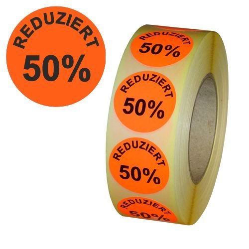 Aktionsetiketten "REDUZIERT 50%" - Durchmesser 30 mm - Leuchtrot - 5.000 Stück von simhoa