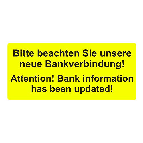 Aufkleber/Etiketten "Bitte beachten Sie unsere neue Bankverbindung! / Bank information has been updated!" auf Rolle - 56 x 25 mm - 1.000 Stück (Leuchtgelb) von simhoa
