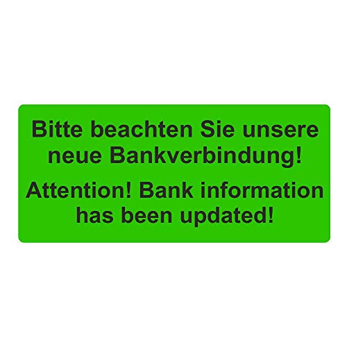 Aufkleber/Etiketten "Bitte beachten Sie unsere neue Bankverbindung! / Bank information has been updated!" auf Rolle - 56 x 25 mm - 1.000 Stück (Leuchtgrün) von simhoa