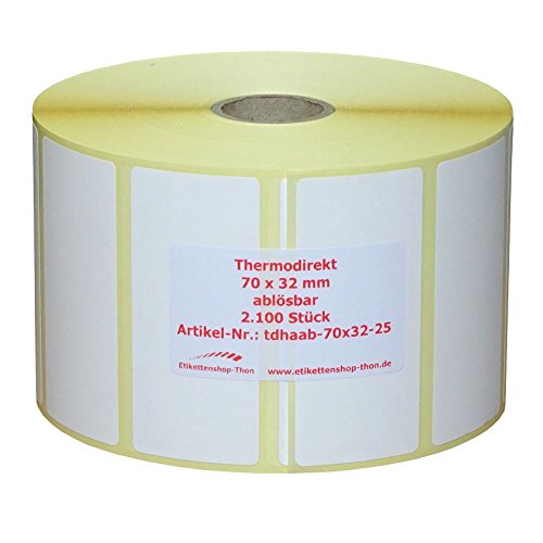 Thermo Etiketten auf Rolle - 70 x 32 - mm - 2.100 Stück - Hülse 25 mm - ABLÖSBAR von Etikettenshop-Thon