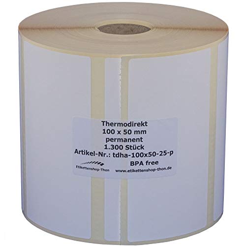 Thermo Etiketten mit Perforation auf Rolle - 100 x 50 - mm - 1.300 Stück - Hülse 25 mm - permanent haftend - BPA free von simhoa