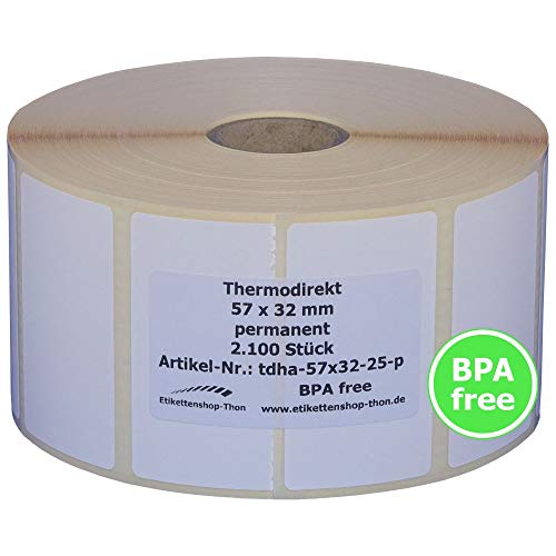 Thermo Etiketten mit Perforation auf Rolle - 57 x 32 - mm - 2.100 Stück - Hülse 25 mm - permanent haftend - BPA free von simhoa