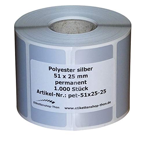 Typenschilder/Polyester Etiketten - 51 x 25 mm - 1.000 Stück - silber - Hülse 25 mm von simhoa