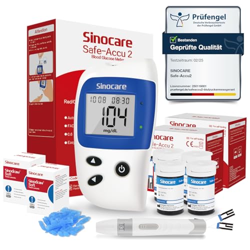 sinocare Blutzuckermessgerät, Diabetes Messgerät mit Blutzuckerteststreifen 100 und Blutlanzetten 100, Schmerzfrei Schnell Blutzucker-Alarm Lampe, mg/dL (ACCU2 Blutzuckermessgeräte 100 Set) von sinocare