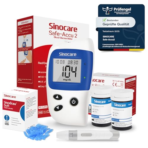 sinocare Blutzuckermessgerät, Diabetes Test Kit (mg/dl) inkl. 50 Teststreifen und 50 Lanzetten, für Diabetiker zur Selbstkontrolle des Blutzuckers Blutzuckerkontrolle (Safe Accu2) von sinocare