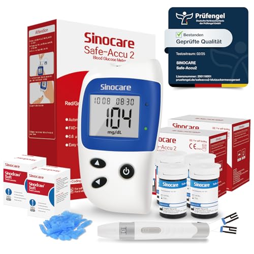 sinocare Safe Accu2 Blutzuckermessgerät, Blutzuckertester Set mit 100 teststreifen, mg/dL, Glucometer von sinocare