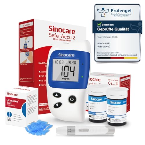 sinocare Safe Accu2 Blutzuckermessgerät, Zuckermessgerät mit Blutzuckerteststreifen 50, Schmerzfrei & Schnell, Wenig Probenvolumen- mg/dL (Safe Accu2 Blutzuckermessgerät 50 Set) von sinocare