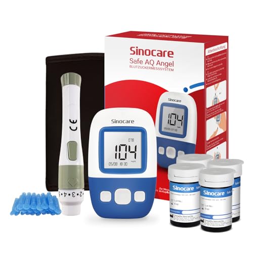 sinocare Zuckermessgerät, Blutzuckermessgerät set mit Teststreifen100 + Lanzetten 100 + Stechhilfe, Schmerzfrei/Sprachansagen/5s Schnelltest, mg/dL (Safe AQ Angel Set x100) von sinocare