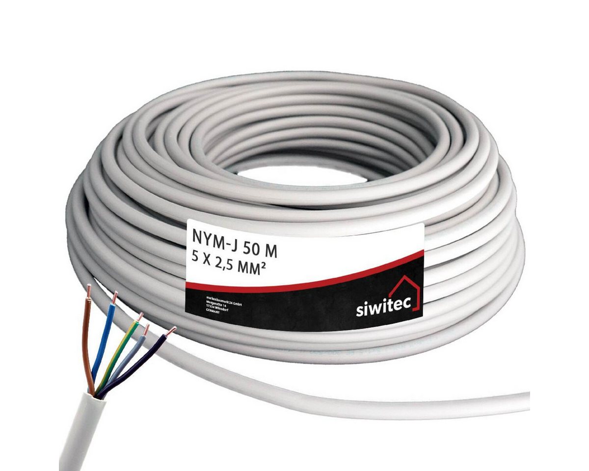 siwitec Kabel, J 5 x 2,5 mm2, 50 m Kabelring, Installationskabel, Mantelleitun Stromkabel, NYY-Kabel, (5000 cm) von siwitec