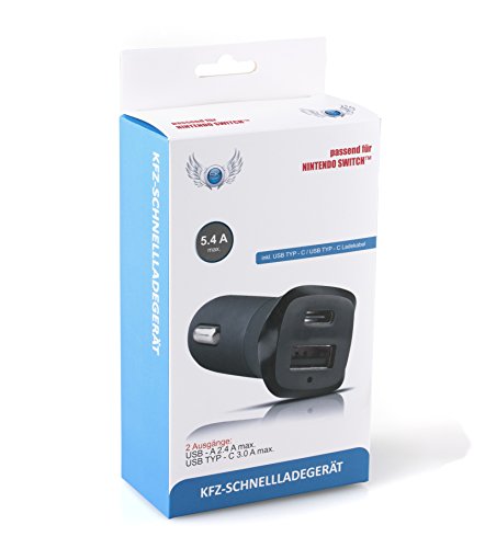 SKGAMES 2 Port KFZ Auto Schnell Ladegerät Adapter für Nintendo Switch/Schwarz/inkl. USB TYP-C auf USB TYP-C Ladekabel von skgames