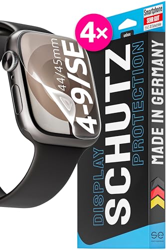 S.E für Apple Watch 9/8/7/SE 44mm & 45mm Schutzfolie - 4x Folien im SET aus Deutschland, inkl. Installationshilfe, staubfrei & blasenfrei, Series 9/8/7/SE Folie TPU, Full Screen, 100% Passgenau Klar von smart engineered