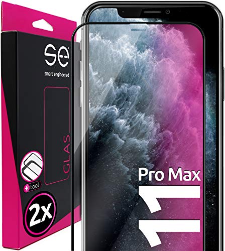 S.E für Schutzglas iPhone 11 Pro Max - 2x 9H Glas im SET aus Deutschland, mit Installationsrahmen, kinderleichte Anwendung, iPhone 11 Pro Max Schutzglas Full Screen, Schutzhülle kompatibel von smart engineered