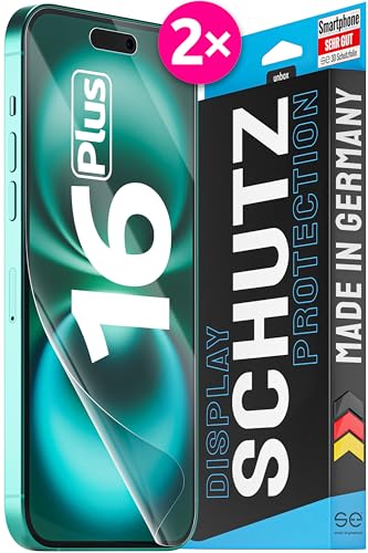 2X se® 3D SCHUTZFOLIE Transparent für Apple iPhone 16 Plus,Selbstheilend, 100% Fingerabdruck & FaceID kompatibel, einfache blasenfreie Installation, Ultra-Klar, Stoß-Kratzfest, aus Deutschland von smart engineered