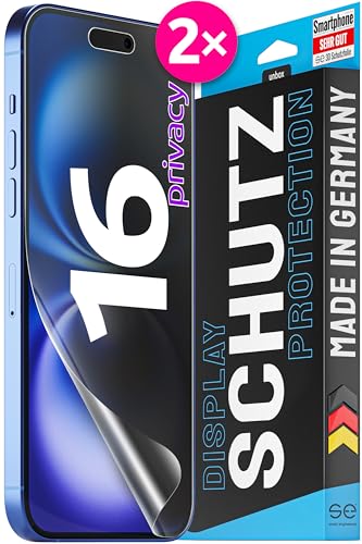 2X se® 3D SCHUTZFOLIE Privacy für Apple iPhone 16,Blickschutz, 100% Fingerabdruck & FaceID kompatibel, einfache blasenfreie Installation, Ultra-Klar, Stoß-Kratzfest, aus Deutschland von smart engineered