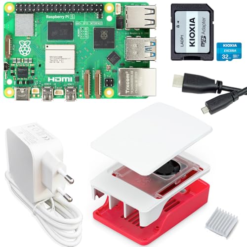 Raspberry Pi 5 8GB Starter-Kit/USB-C 45W Netzteil/Gehäuse mit Lüfter / 32GB SD Karte/Micro HDMI Kabel 1m / Raspberry Pi 5 8GB RAM/Rot - Weiß von smart-home-komponente