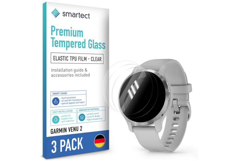 smartect Displayschutzfolie TPU Schutzfolie Klar für Garmin Venu 2, 3 x Front für Garmin Venu 2, 3 Stück, Anti-Fingerabdruck, Blasenfreie Installation von smartect