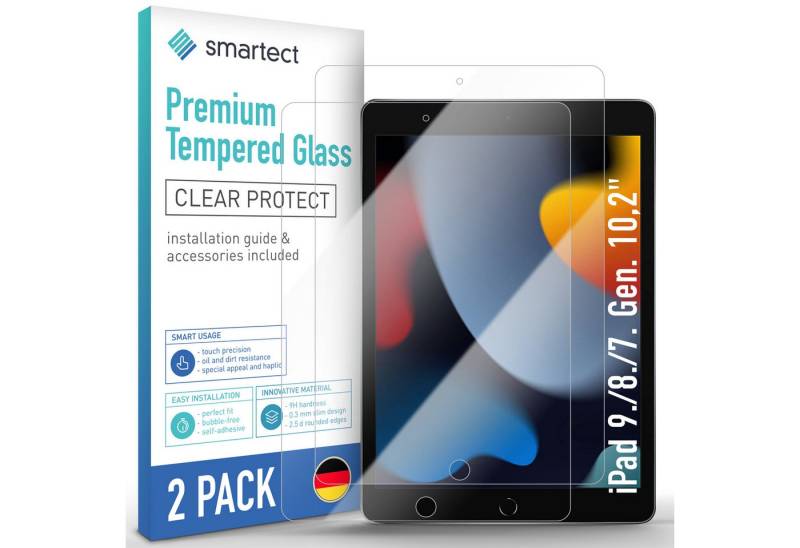 smartect Displayschutzglas Schutzglas Klar für Apple iPad 9./8./7. Gen. 10,2", 2 Stück für Apple iPad 9./8./7. Gen. 10,2"(2021/2020/2019), 2 Stück, Anti-Fingerabdruck, 9H Härte, Blasenfreie Installation von smartect