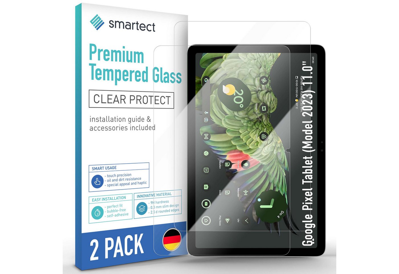 smartect Displayschutzglas Schutzglas Klar für Google Pixel Tablet (Model 2023) 11.0", 2 Stück für Google Pixel Tablet (Model 2023) 11.0", 2 Stück, Anti-Fingerabdruck, 9H Härte, Blasenfreie Installation von smartect