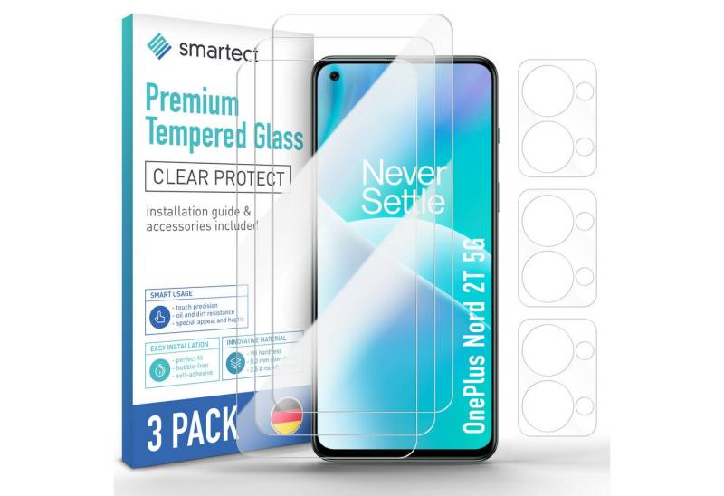 smartect Displayschutzglas Schutzglas Klar für OnePlus Nord 2T 5G, 3x Front + 3x Cam für OnePlus Nord 2T 5G, 3 Stück, Anti-Fingerabdruck, 9H Härte, Blasenfreie Installation von smartect