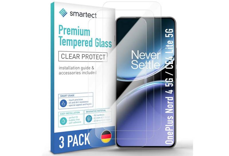 smartect Displayschutzglas Schutzglas Klar für OnePlus Nord 4 5G / CE4 Lite 5G, 3 Stück für OnePlus Nord 4 5G / CE4 Lite 5G, 3 Stück, Anti-Fingerabdruck, 9H Härte, Blasenfreie Installation von smartect