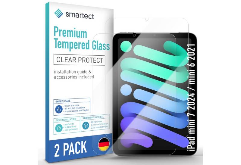 smartect Displayschutzglas Schutzglas Klar für iPad mini 7 2024 / mini 6 2021, 2 Stück für iPad mini 7 2024 / mini 6 2021, 2 Stück, Anti-Fingerabdruck, 9H Härte, Blasenfreie Installation von smartect